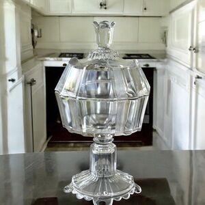 Vintage Adams Clear Glass Pedestal Candy Dish with Lid Scalloped Edges